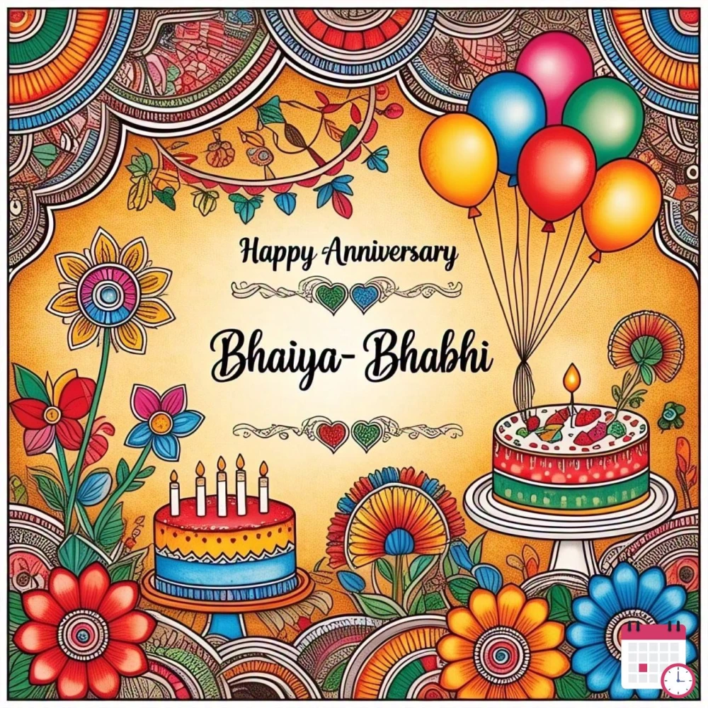 Beautiful Anniversary Wishes for Bhaiya and Bhabhi displayed with a stunning cake, warm candlelight, colorful balloons, elegant flowers, and multiple hearts.